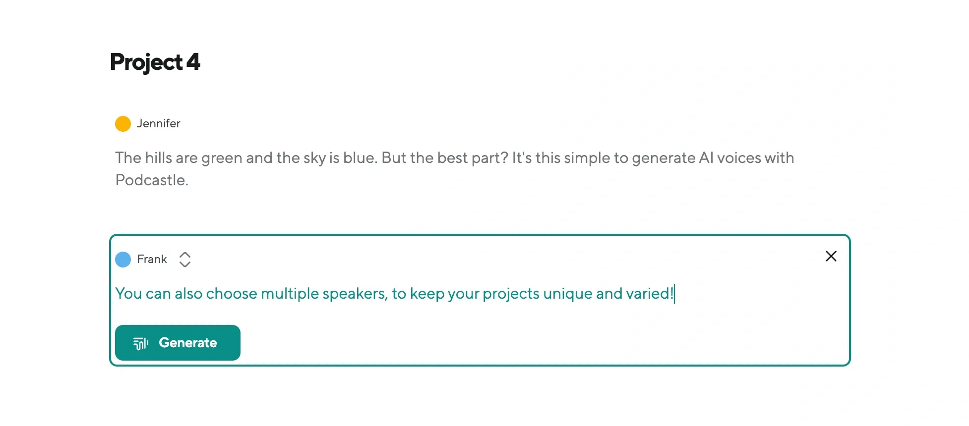 Two AI voices in Podcastle used in a sample script, showing how to generate narration with multiple speakers.